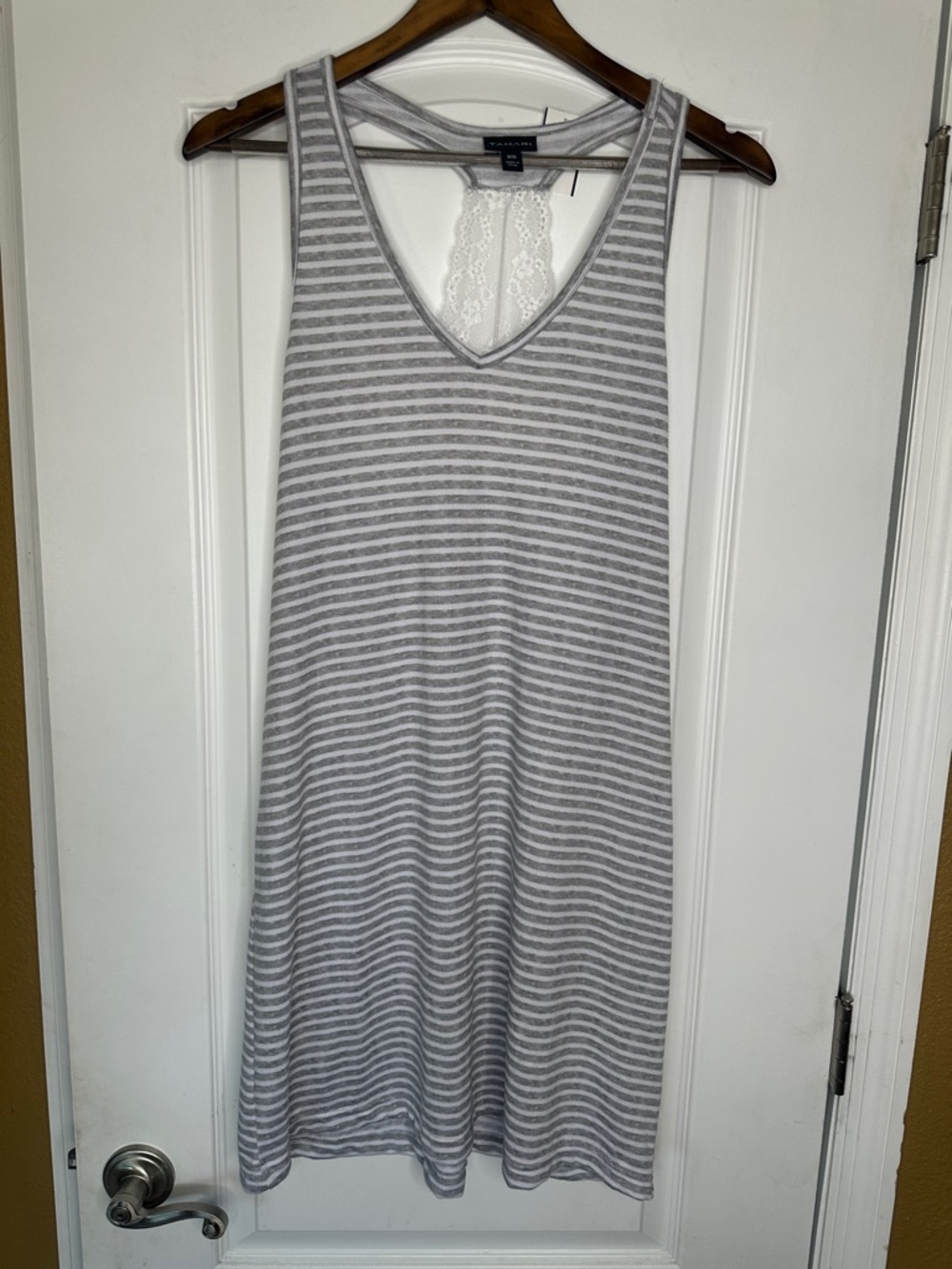 Tahari Gray and White Lace-Back Tank Sleep Dress